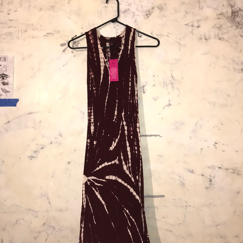 Long lace up tie dye burgundy dress.